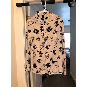 H&M Men’s Large Floral Botanical Print Long-Sleeve Shirt - Cream & Navy